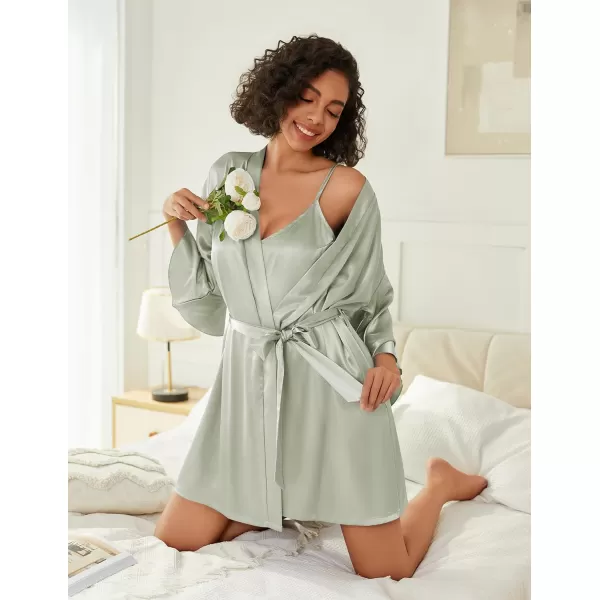 imageEkouaer Womens Silk Robe Set Vneck 2 Piece Bridal Party Robes and Satin Bathrobe Set with PocketsLight Green