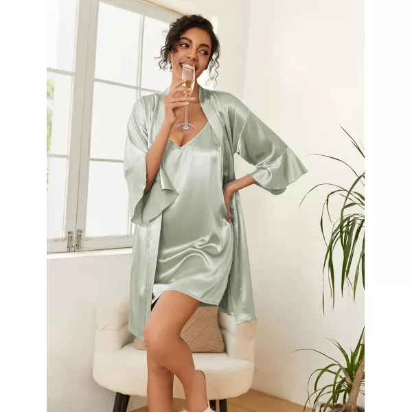 imageEkouaer Womens Silk Robe Set Vneck 2 Piece Bridal Party Robes and Satin Bathrobe Set with PocketsLight Green