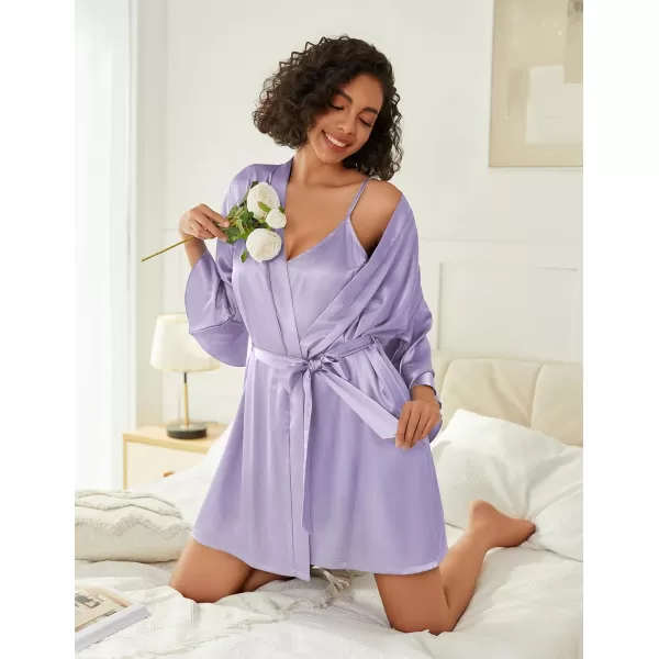 imageEkouaer Womens Silk Robe Set Vneck 2 Piece Bridal Party Robes and Satin Bathrobe Set with PocketsLight Purple