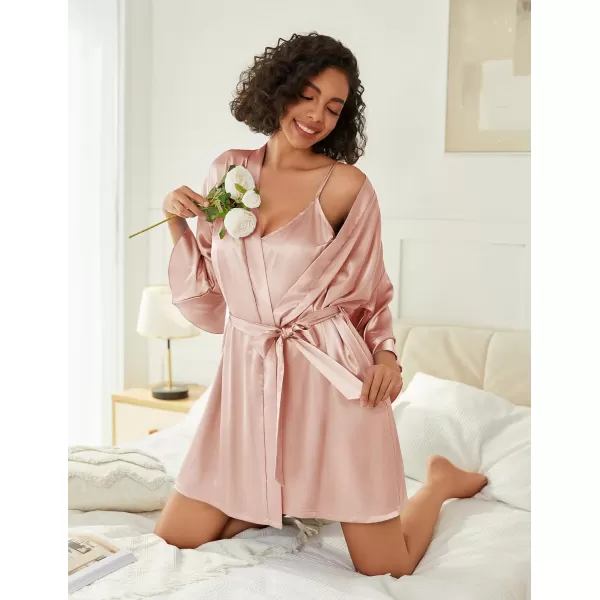 imageEkouaer Womens Silk Robe Set Vneck 2 Piece Bridal Party Robes and Satin Bathrobe Set with PocketsPastel Pink