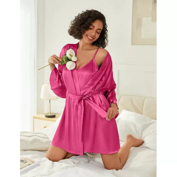 imageEkouaer Womens Silk Robe Set Vneck 2 Piece Bridal Party Robes and Satin Bathrobe Set with PocketsRose