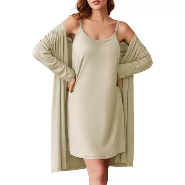 imageEkouaer Robe Sets for Women 2 Pieces Nightgown Long Sleeves Bathrobe Soft Sleepwear 2024 S2XLKhaki