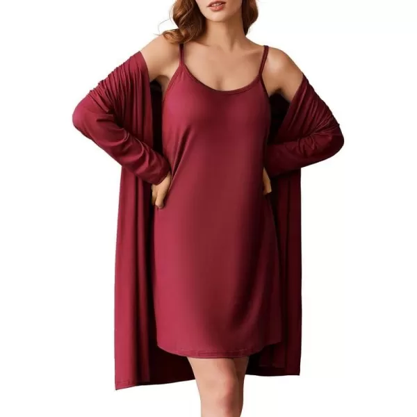 imageEkouaer Robe Sets for Women 2 Pieces Nightgown Long Sleeves Bathrobe Soft Sleepwear 2024 S2XLWine Red