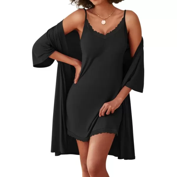 imageEkouaer Robes Womens Nightgown and Robe Set 2 Piece Sexy Lace Spaghetti Strap Lightweight Sleepwear with Pockets SXXLBlack