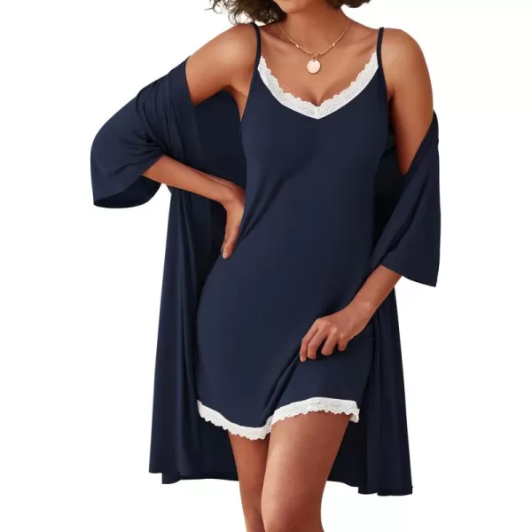 imageEkouaer Robes Womens Nightgown and Robe Set 2 Piece Sexy Lace Spaghetti Strap Lightweight Sleepwear with Pockets SXXLNavy Blue