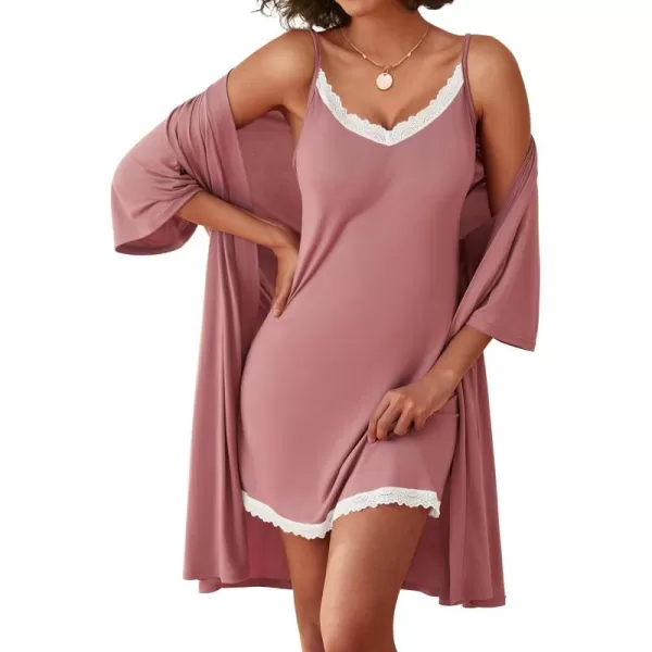 imageEkouaer Robes Womens Nightgown and Robe Set 2 Piece Sexy Lace Spaghetti Strap Lightweight Sleepwear with Pockets SXXLPale Violet Red