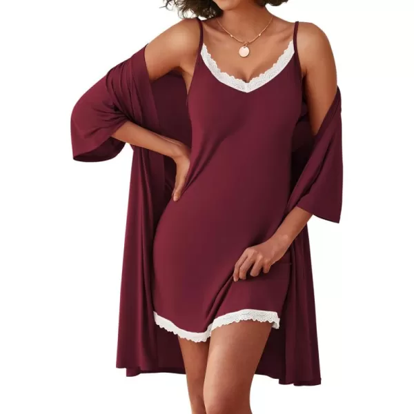 imageEkouaer Robes Womens Nightgown and Robe Set 2 Piece Sexy Lace Spaghetti Strap Lightweight Sleepwear with Pockets SXXLWine Red