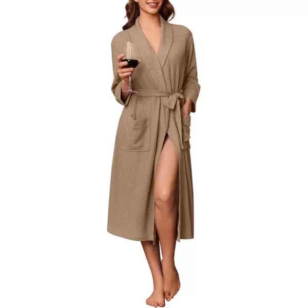 imageEkouaer Robes for Women Long Waffle Knit Bathrobe Lightweight Kimono Robe Soft Shawl Collar Spa Robes with Pockets SXXLKhakiBig Waffle