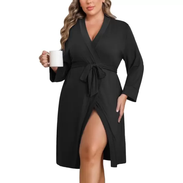 imageEkouaer Women Plus Size Robe Knee Length Lightweight Bathrobe Short Kimono Robes with Pockets Maternity Robe 1X5XBlack