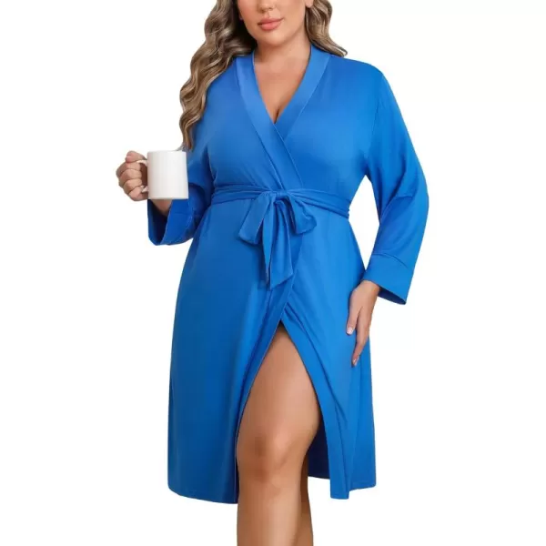 imageEkouaer Women Plus Size Robe Knee Length Lightweight Bathrobe Short Kimono Robes with Pockets Maternity Robe 1X5XBlue