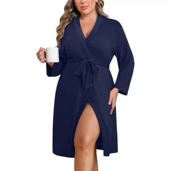 imageEkouaer Women Plus Size Robe Knee Length Lightweight Bathrobe Short Kimono Robes with Pockets Maternity Robe 1X5XNavy