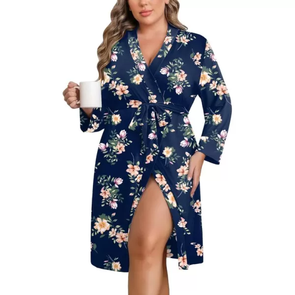 imageEkouaer Women Plus Size Robe Knee Length Lightweight Bathrobe Short Kimono Robes with Pockets Maternity Robe 1X5XNavy Floral