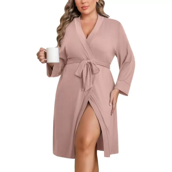 imageEkouaer Women Plus Size Robe Knee Length Lightweight Bathrobe Short Kimono Robes with Pockets Maternity Robe 1X5XPink