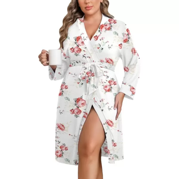 imageEkouaer Women Plus Size Robe Knee Length Lightweight Bathrobe Short Kimono Robes with Pockets Maternity Robe 1X5XWhite Floral