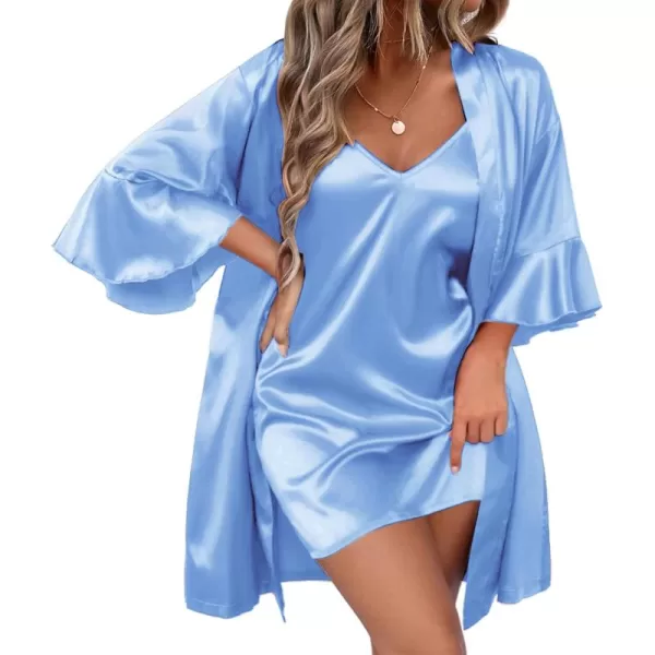 imageEkouaer Womens Silk Robe Set Vneck 2 Piece Bridal Party Robes and Satin Bathrobe Set with PocketsSky Blue