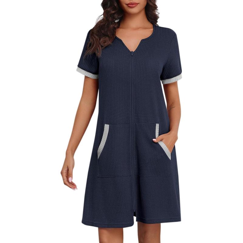imageEkouaer Women Zipper Robe Waffle Short Sleeve Bathrobes Lightweight Knee Length Housecoat with Pockets S3XLNavy Blue