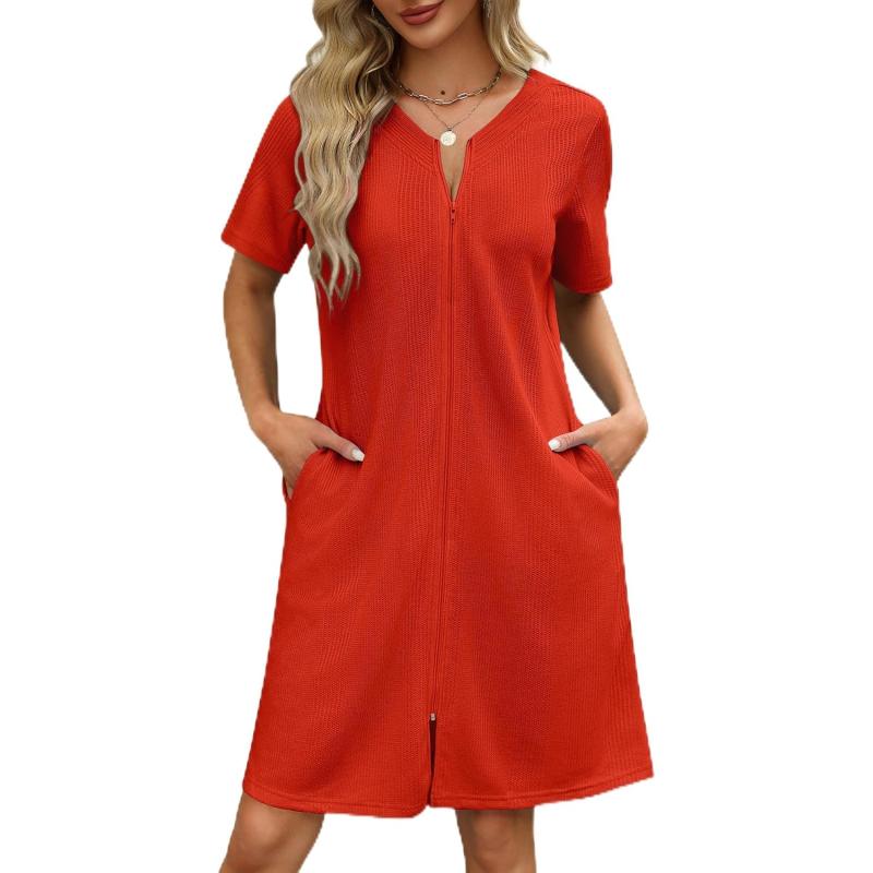 imageEkouaer Women Zipper Robes Waffle Short Bathrobe Lightweight House Coat with Pockets Soft Nightgown S3XLRed