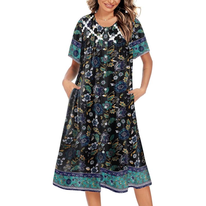 imageEkouaer Womens Button Down Nightgown Short Sleeve House Dress Short House Coat with Pockets S4XLNavy Blue Flower