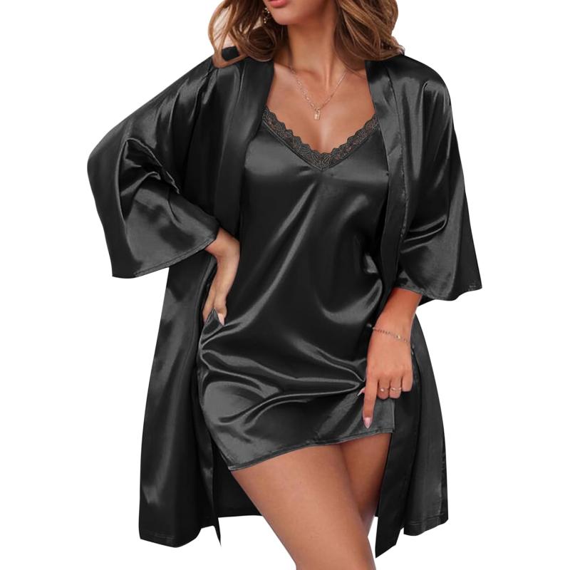 imageEkouaer Womens Satin Robe Set Lace Sexy Lingerie Robe Wedding Nightgown 2pcs Cami Bride Party Silk Pajamas SetBlack