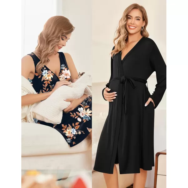 imageEkouaer Maternity Nursing Gown and Robe Set Labor Delivery Nursing Nightgowns for Breastfeeding Pregnancy ClothesBlack Flower