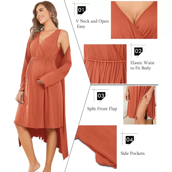 imageEkouaer Maternity Nursing Gown and Robe Set Labor Delivery Nursing Nightgowns for Breastfeeding Pregnancy ClothesBrick Red