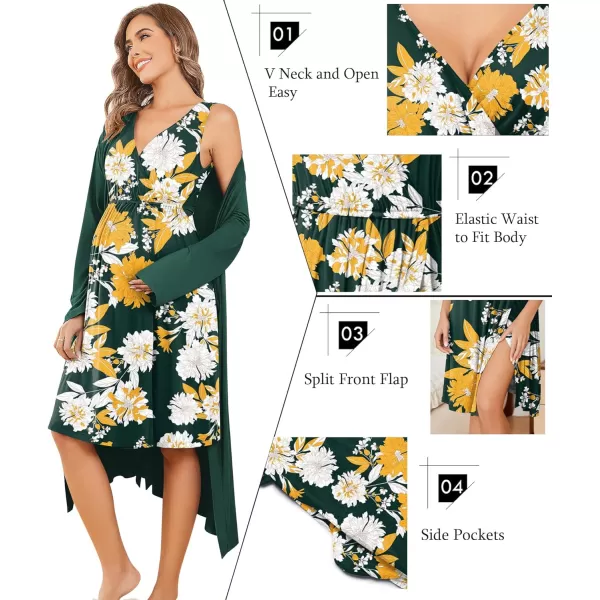 imageEkouaer Maternity Nursing Gown and Robe Set Labor Delivery Nursing Nightgowns for Breastfeeding Pregnancy ClothesDark Green Flower