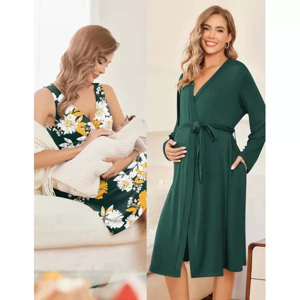 imageEkouaer Maternity Nursing Gown and Robe Set Labor Delivery Nursing Nightgowns for Breastfeeding Pregnancy ClothesDark Green Flower