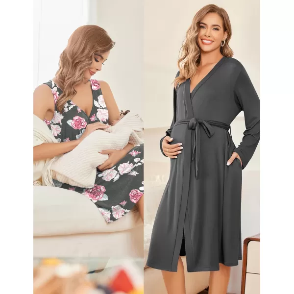 imageEkouaer Maternity Nursing Gown and Robe Set Labor Delivery Nursing Nightgowns for Breastfeeding Pregnancy ClothesDark Greypink Flower