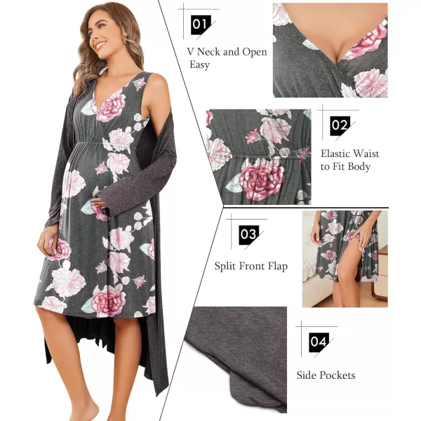 imageEkouaer Maternity Nursing Gown and Robe Set Labor Delivery Nursing Nightgowns for Breastfeeding Pregnancy ClothesDark Greypink Flower