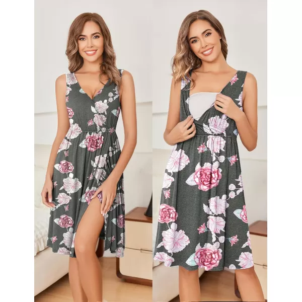 imageEkouaer Maternity Nursing Gown and Robe Set Labor Delivery Nursing Nightgowns for Breastfeeding Pregnancy ClothesDark Greypink Flower