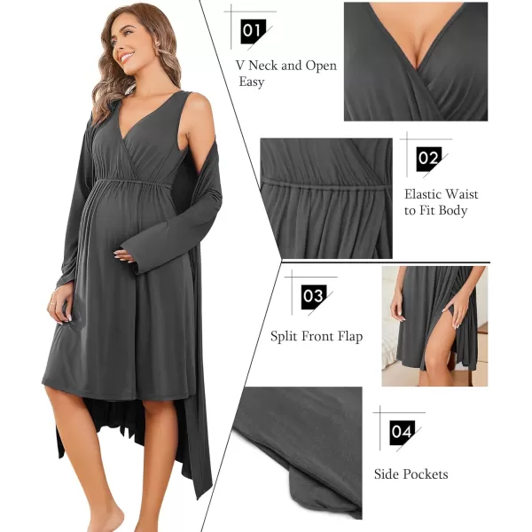 imageEkouaer Maternity Nursing Gown and Robe Set Labor Delivery Nursing Nightgowns for Breastfeeding Pregnancy ClothesDarkgrey