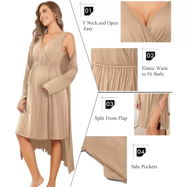 imageEkouaer Maternity Nursing Gown and Robe Set Labor Delivery Nursing Nightgowns for Breastfeeding Pregnancy ClothesKhaki