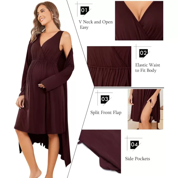 imageEkouaer Maternity Nursing Gown and Robe Set Labor Delivery Nursing Nightgowns for Breastfeeding Pregnancy ClothesMaroon