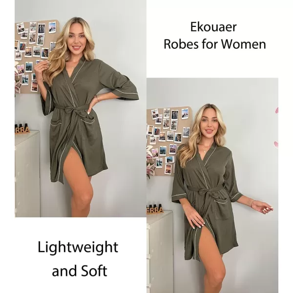 imageEkouaer Women Robes Waffle Knee Length Bathrobe Lightweight Soft Sleepwear V neck 34 Sleeve Casual Ladies Loungewear SXXLArmy Green