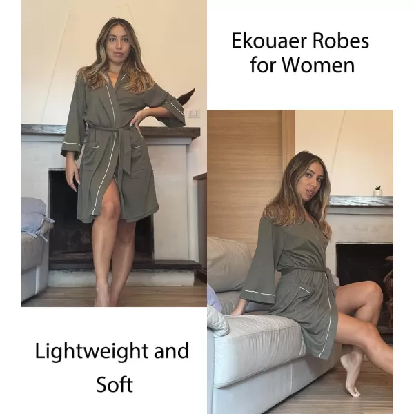 imageEkouaer Women Robes Waffle Knee Length Bathrobe Lightweight Soft Sleepwear V neck 34 Sleeve Casual Ladies Loungewear SXXLArmy Green