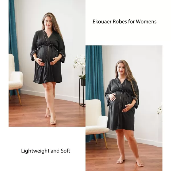 imageEkouaer Women Robes Waffle Knee Length Bathrobe Lightweight Soft Sleepwear V neck 34 Sleeve Casual Ladies Loungewear SXXLBlack