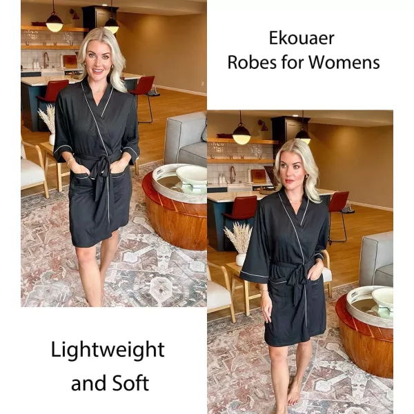 imageEkouaer Women Robes Waffle Knee Length Bathrobe Lightweight Soft Sleepwear V neck 34 Sleeve Casual Ladies Loungewear SXXLBlack
