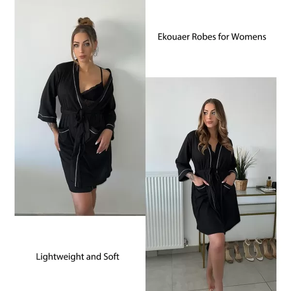 imageEkouaer Women Robes Waffle Knee Length Bathrobe Lightweight Soft Sleepwear V neck 34 Sleeve Casual Ladies Loungewear SXXLBlack