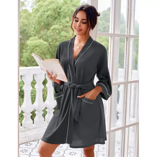 imageEkouaer Women Robes Waffle Knee Length Bathrobe Lightweight Soft Sleepwear V neck 34 Sleeve Casual Ladies Loungewear SXXLGrey