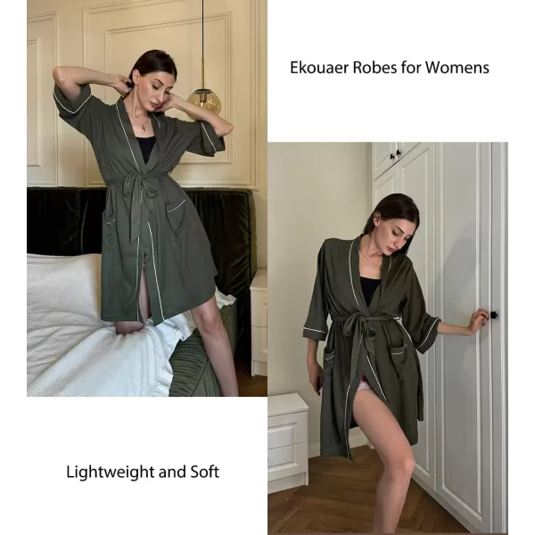 imageEkouaer Women Robes Waffle Knee Length Bathrobe Lightweight Soft Sleepwear V neck 34 Sleeve Casual Ladies Loungewear SXXLGrey