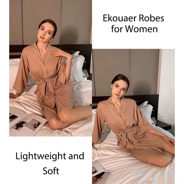 imageEkouaer Women Robes Waffle Knee Length Bathrobe Lightweight Soft Sleepwear V neck 34 Sleeve Casual Ladies Loungewear SXXLKhaki