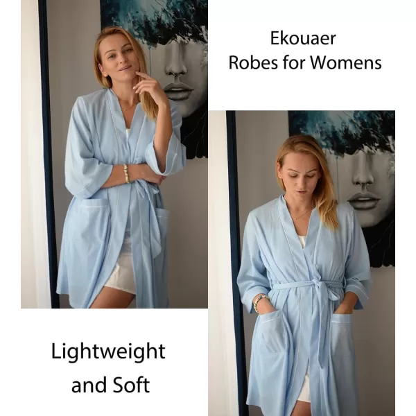 imageEkouaer Women Robes Waffle Knee Length Bathrobe Lightweight Soft Sleepwear V neck 34 Sleeve Casual Ladies Loungewear SXXLLight Blue