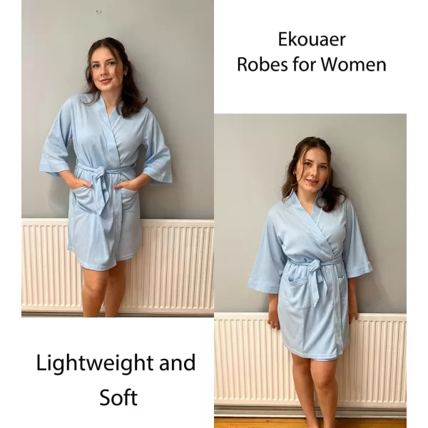 imageEkouaer Women Robes Waffle Knee Length Bathrobe Lightweight Soft Sleepwear V neck 34 Sleeve Casual Ladies Loungewear SXXLLight Blue