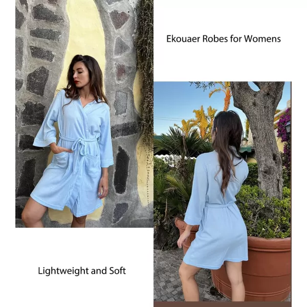 imageEkouaer Women Robes Waffle Knee Length Bathrobe Lightweight Soft Sleepwear V neck 34 Sleeve Casual Ladies Loungewear SXXLLight Blue