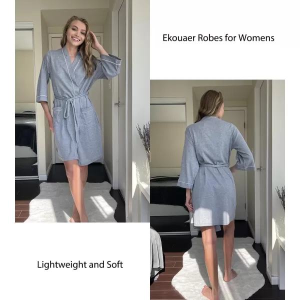 imageEkouaer Women Robes Waffle Knee Length Bathrobe Lightweight Soft Sleepwear V neck 34 Sleeve Casual Ladies Loungewear SXXLLight Grey