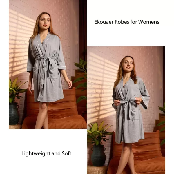 imageEkouaer Women Robes Waffle Knee Length Bathrobe Lightweight Soft Sleepwear V neck 34 Sleeve Casual Ladies Loungewear SXXLLight Grey