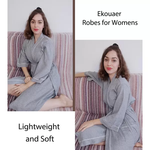 imageEkouaer Women Robes Waffle Knee Length Bathrobe Lightweight Soft Sleepwear V neck 34 Sleeve Casual Ladies Loungewear SXXLLight Grey