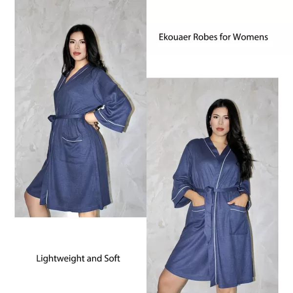 imageEkouaer Women Robes Waffle Knee Length Bathrobe Lightweight Soft Sleepwear V neck 34 Sleeve Casual Ladies Loungewear SXXLNavy Blue