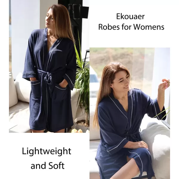 imageEkouaer Women Robes Waffle Knee Length Bathrobe Lightweight Soft Sleepwear V neck 34 Sleeve Casual Ladies Loungewear SXXLNavy Blue