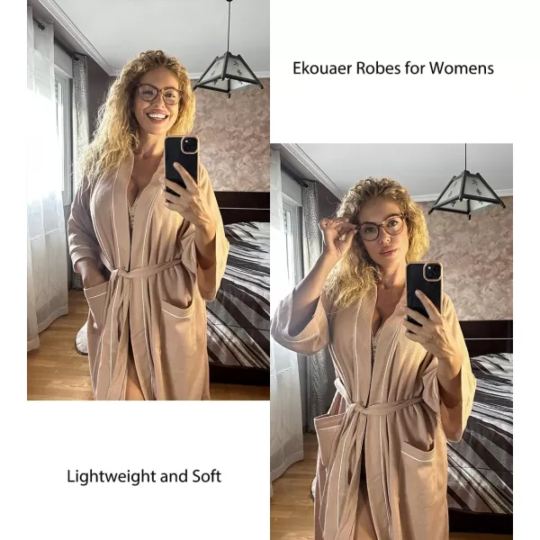 imageEkouaer Women Robes Waffle Knee Length Bathrobe Lightweight Soft Sleepwear V neck 34 Sleeve Casual Ladies Loungewear SXXLPink